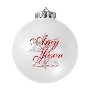 Custom Christmas wedding ornament in white and red. Acrylic or glass ball.