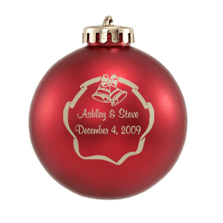 Custom Christmas wedding ornament in red and gold. Acrylic or glass ball.