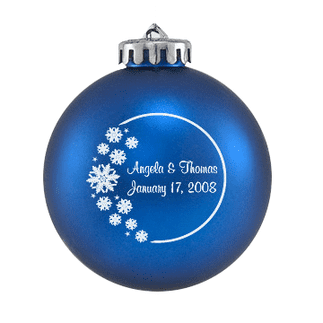 Custom Christmas wedding ornament in blue and silver or white. Acrylic or glass ball.
