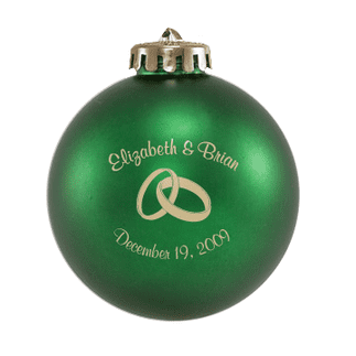 Custom Christmas wedding ornament in green and gold. Acrylic or glass ball.