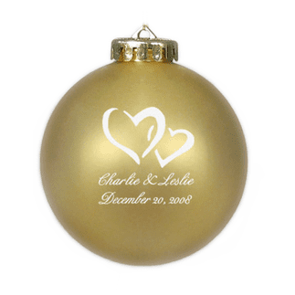 Custom Christmas wedding ornament in gold and white. Acrylic or glass ball.
