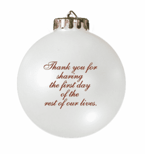 Custom Christmas wedding ornament with message on back in white and red. Acrylic or glass ball.