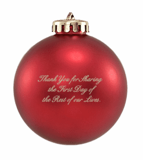 Custom Christmas wedding ornament with message on back in red and gold. Acrylic or glass ball.