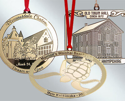 Custom brass Christmas ornaments available in bulk from Howe House Limited Editions.